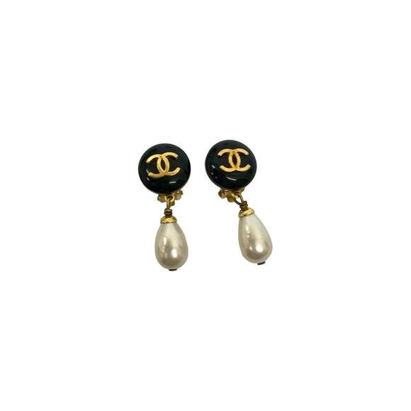 CHANEL Authentic Vintage Black Pearl Logo Earrings